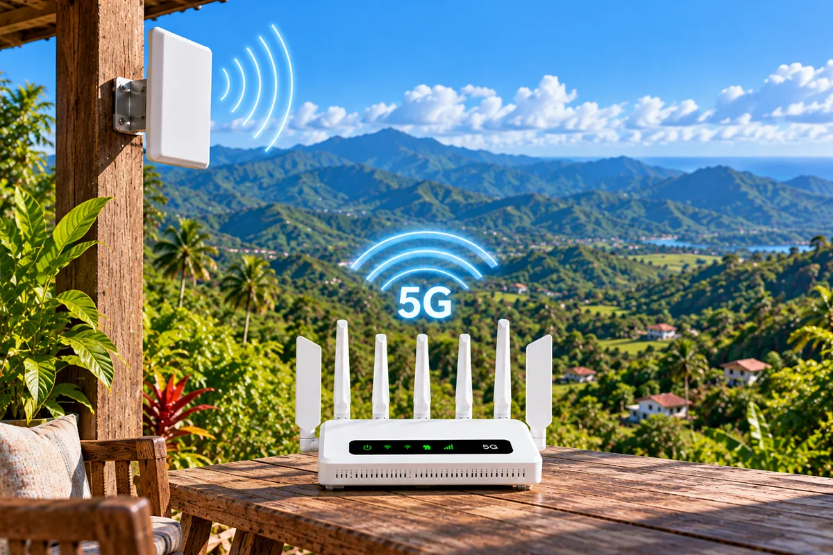 Antena externa receptora TS-9 conectada a router portatil en zona rural de Puerto Rico