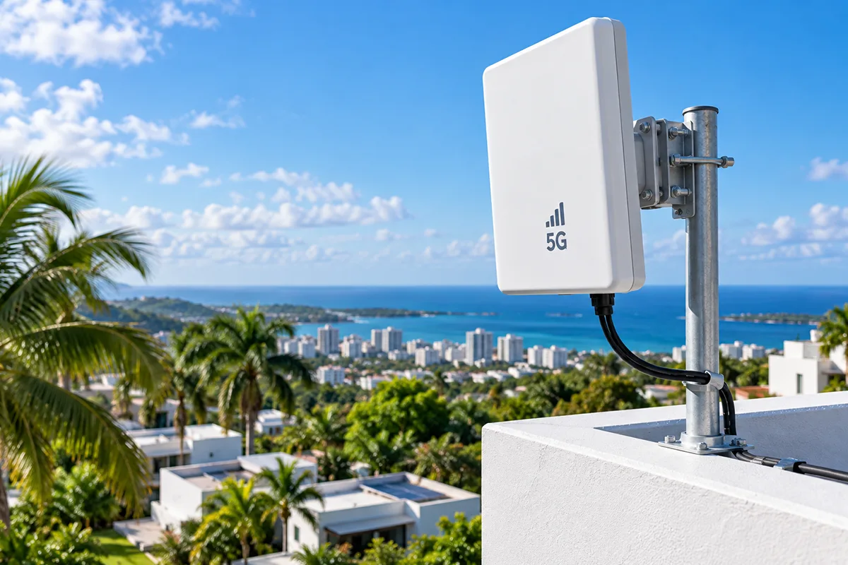 Antena receptora exterior instalada en techo residencial para captar senal 5G en Puerto Rico