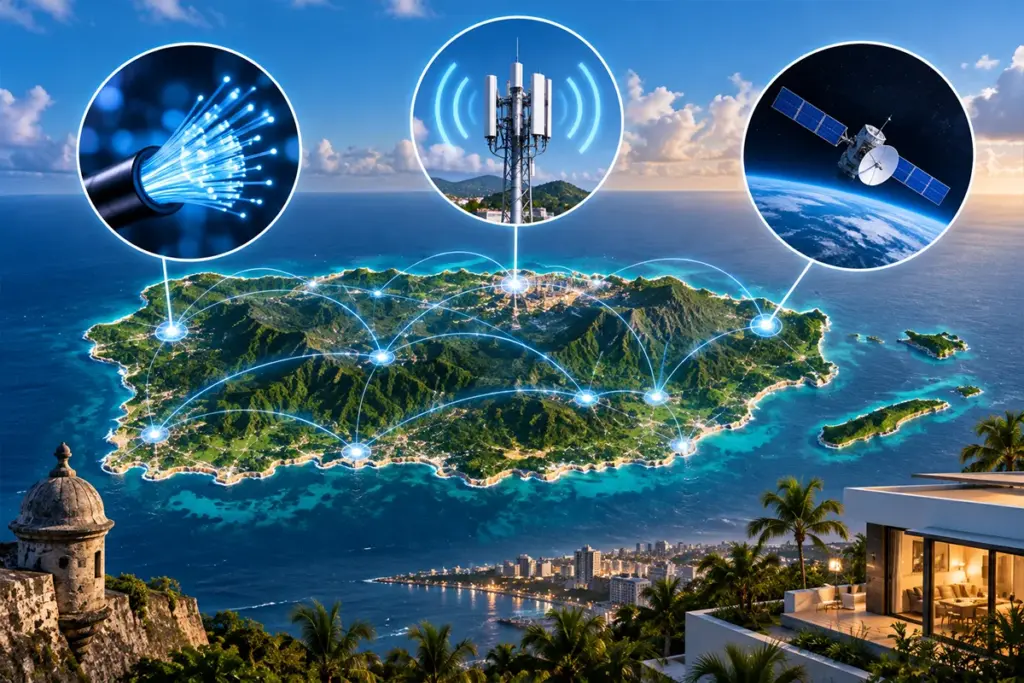 Mapa de Puerto Rico con comparativa de redes de fibra optica, internet inalambrico 5G y satelital