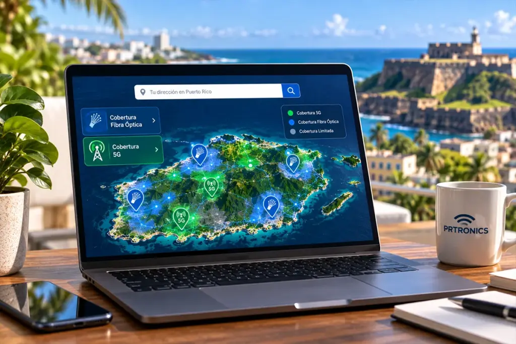 Mapa topografico de Puerto Rico con evaluacion de cobertura celular 5G y de fibra optica