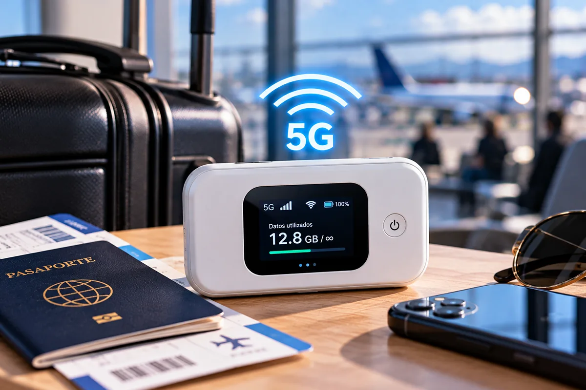 Módem WiFi 5G portátil de PRtronics con pantalla digital de consumo de datos