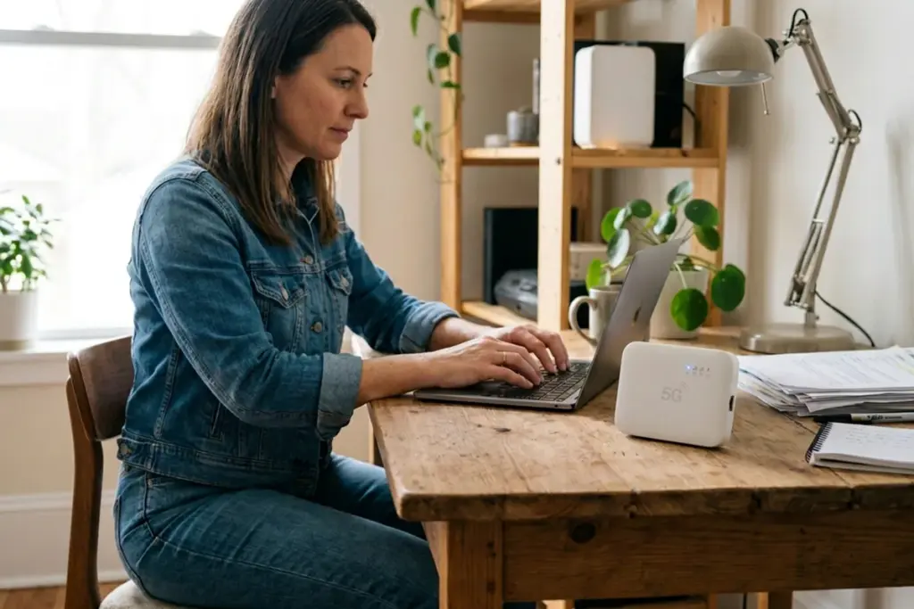 Módem router de internet portátil 5G desbloqueado de PRtronics en mesa de trabajo