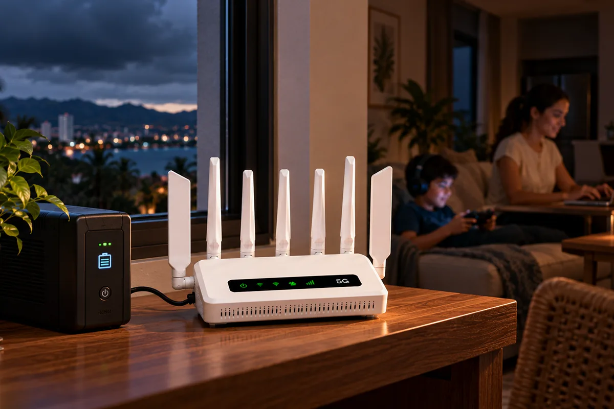 Router 5G de PRtronics conectado a bateria de respaldo UPS durante un corte electrico