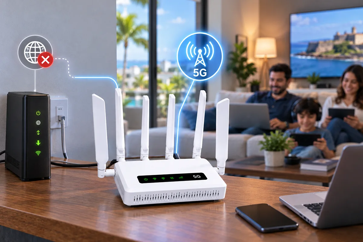 Router 5G de PRtronics conectado como sistema de respaldo failover para hogar
