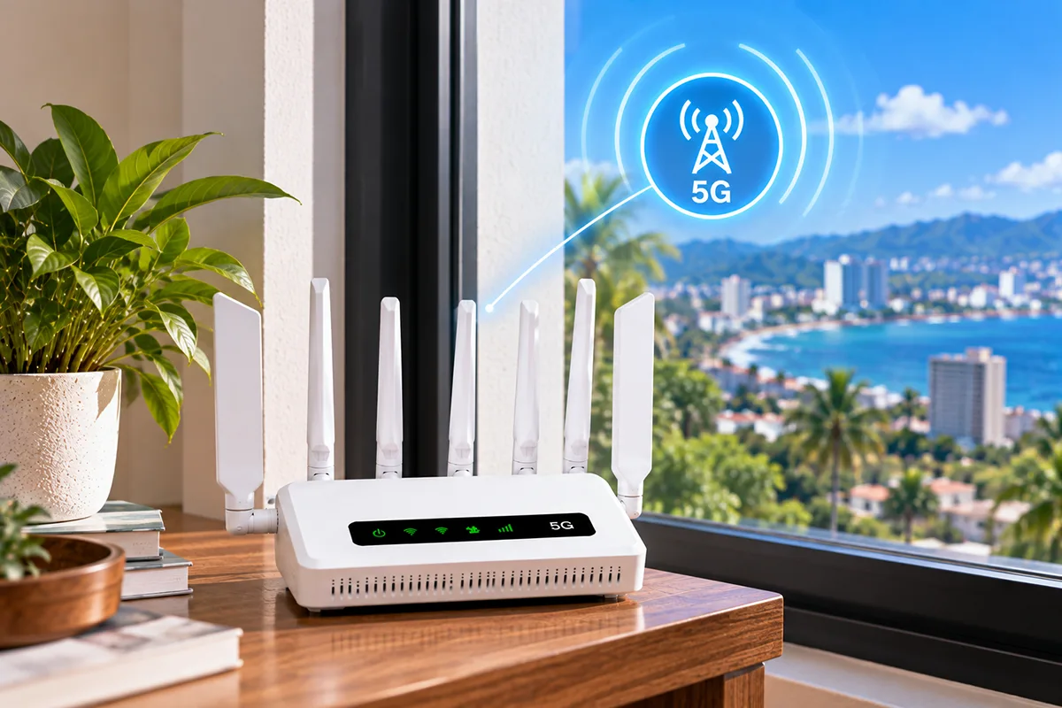 Router 5G desbloqueado de PRtronics colocado junto a una ventana para captar senal celular