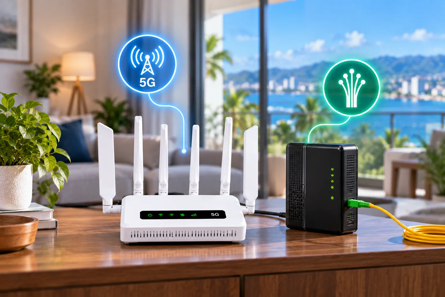 Router 5G desbloqueado de PRtronics junto a conexion de fibra optica para respaldo residencial