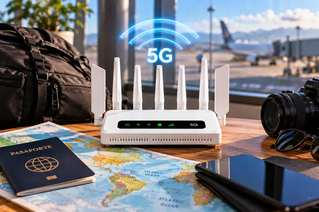 Router 5G portátil desbloqueado para viajes internacionales sobre mapa y pasaporte