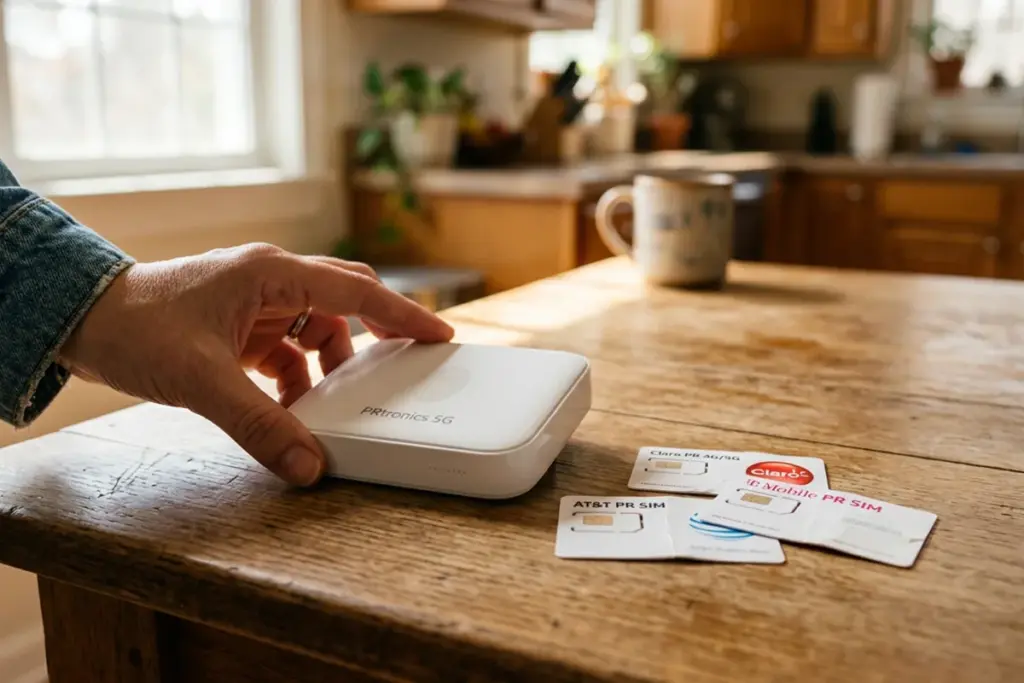 Router 5G prepago de PRtronics junto a tarjetas SIM de operadores de Puerto Rico