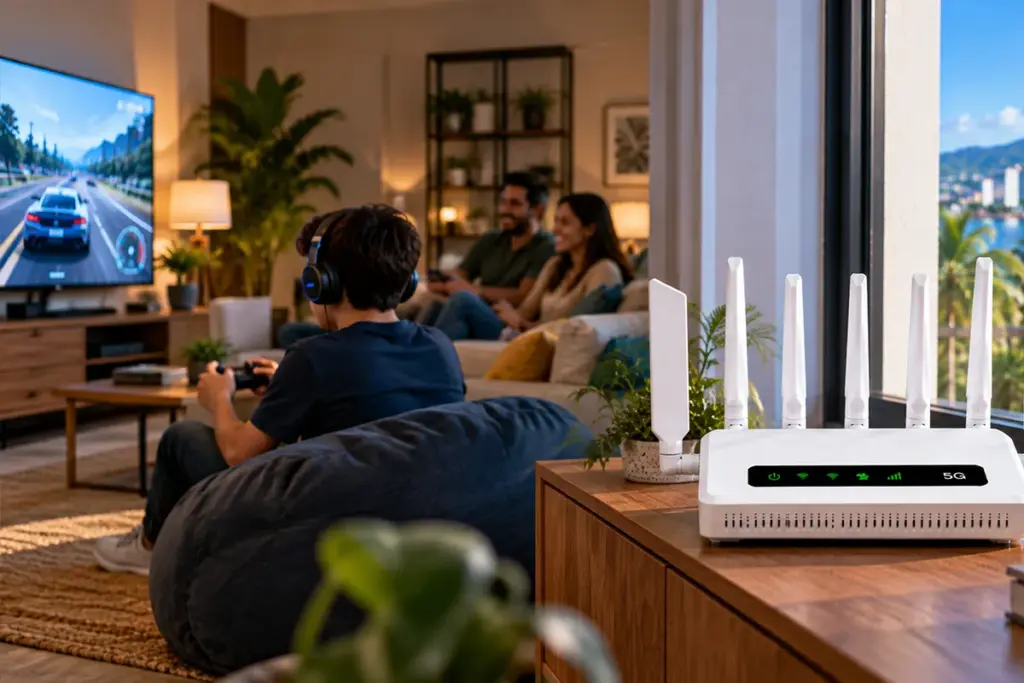 Router 5G residencial portatil de PRtronics colocado en una mesa junto a una ventana
