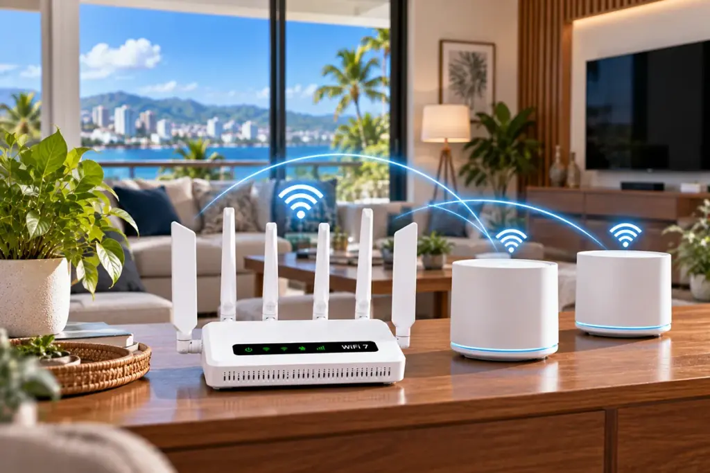 Router WiFi 7 de alta potencia y sistema Mesh instalados en sala de hogar en Puerto Rico