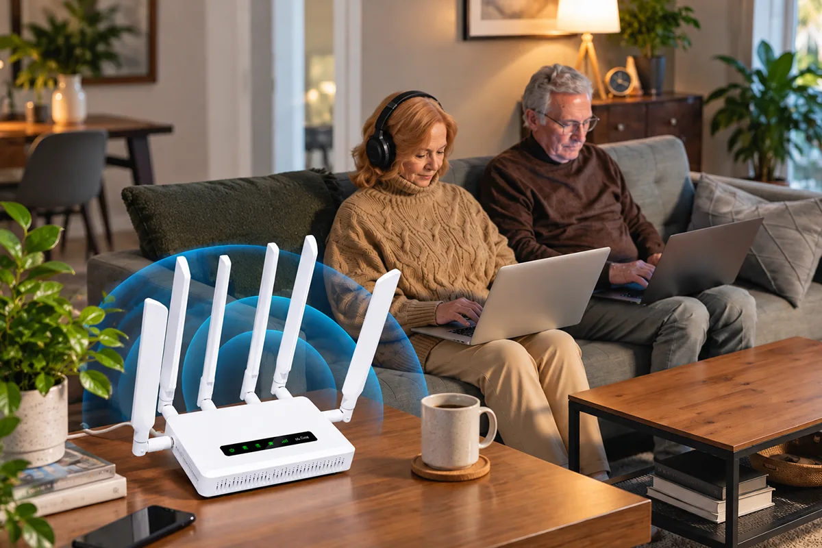 Router 5G de PRtronics con tecnologia MIMO y puertos Ethernet en escritorio de oficina